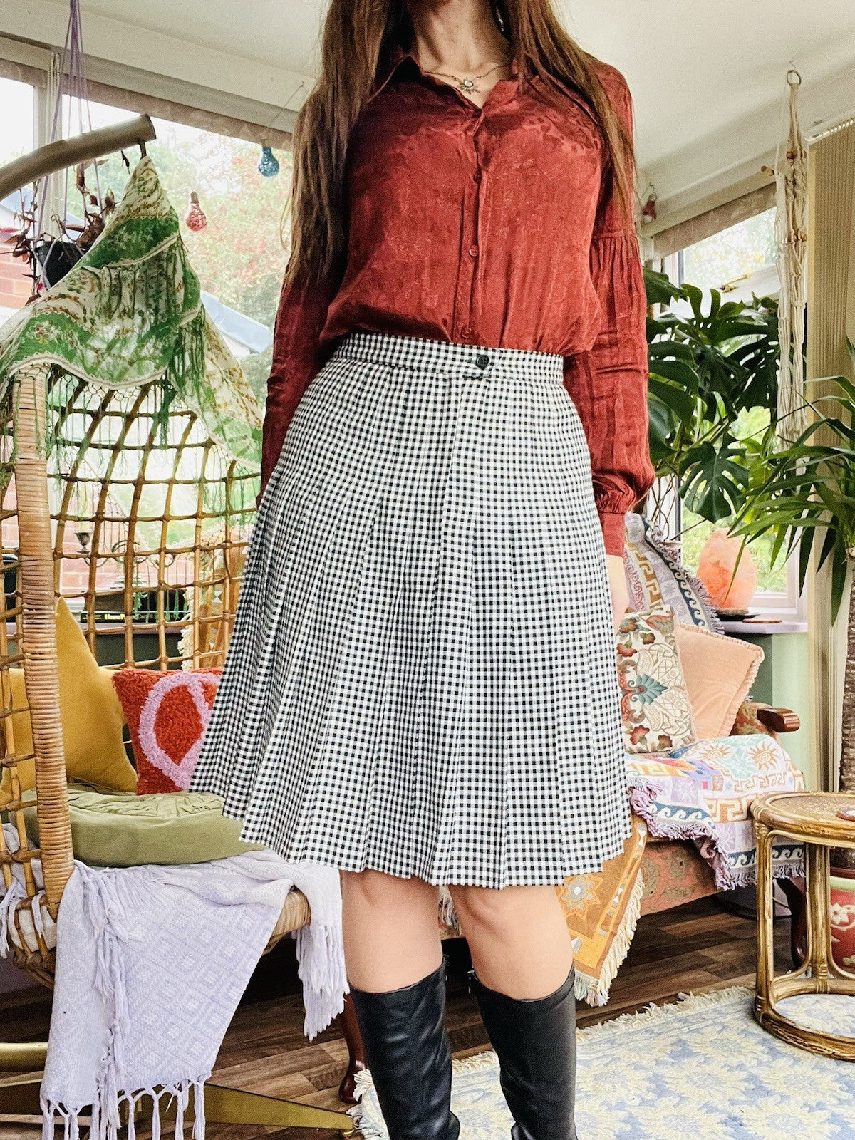 Vintage 1980s Check Skirt, Pleated Plaid Tartan Kilt Style Skirt Black White 10