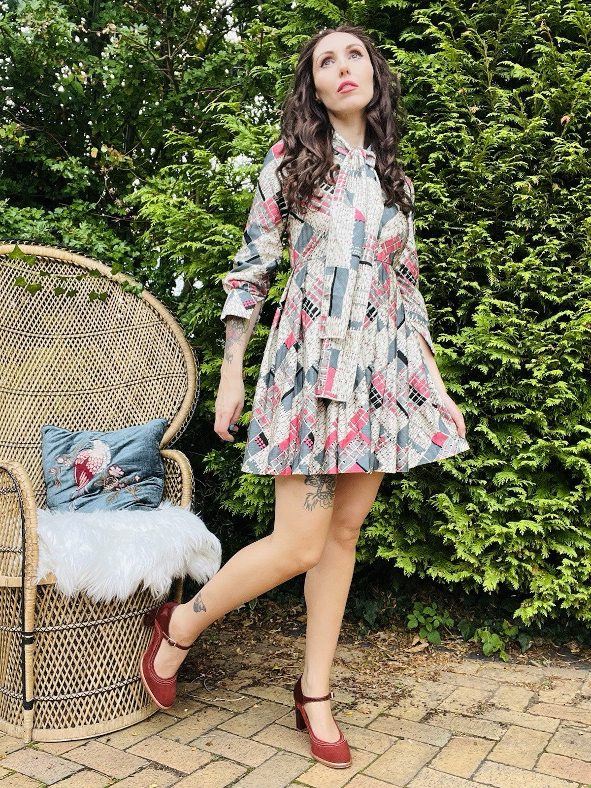Vintage 1980s Pleated Dress, Short Length With Pussy Bow Tie Collar - Grey 10