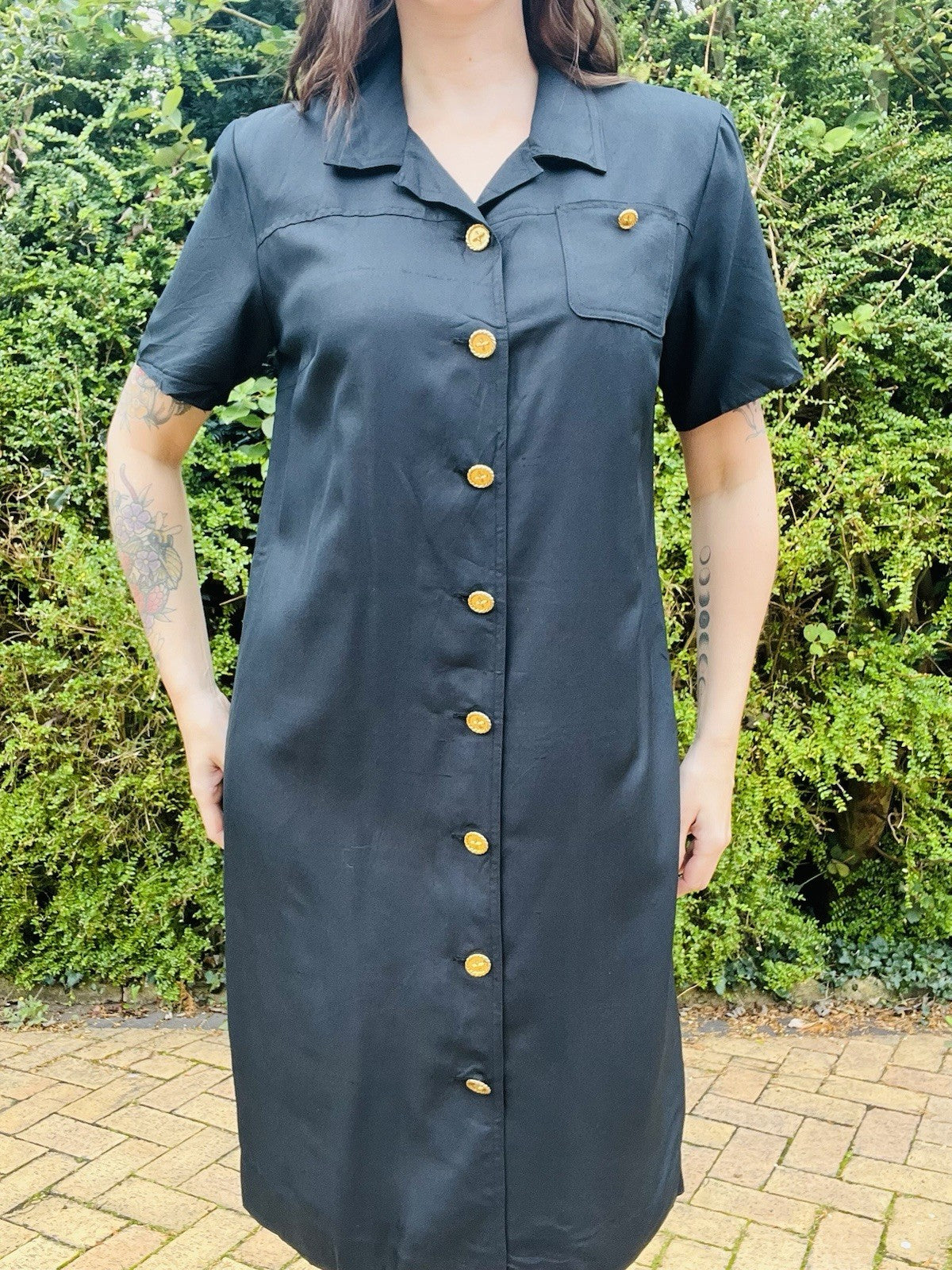 Vintage 1980s Shirt Dress, Pure Silk With Gold Buttons By Talbots, Black 14-16