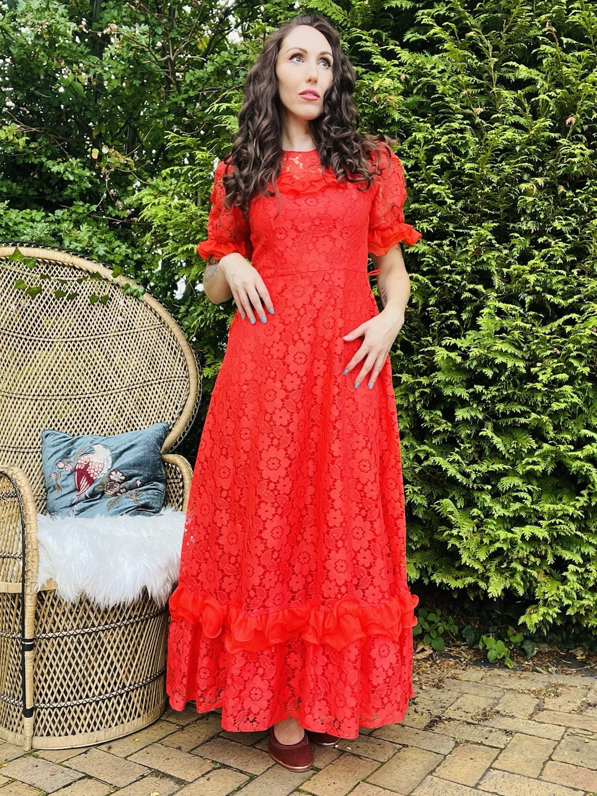 Vintage 1980s Prairie Dress, Long Floral Lace Maxi With Puff Sleeves - Red 10