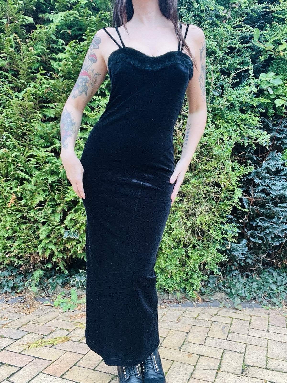 Vintage 1990s Velvet Dress With Fluffy Trim, Pencil Wiggle Dress By El-KA 10