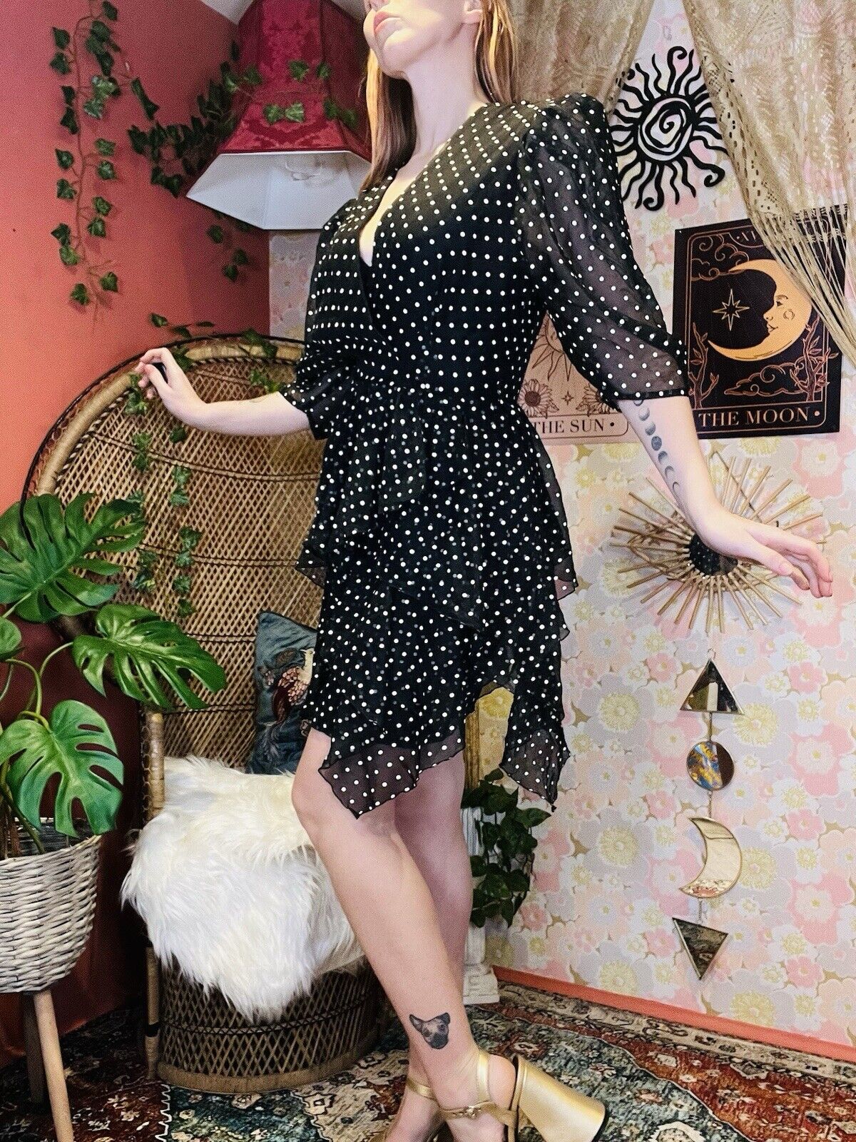 Vintage 1980s Polcadot Dress By Yessica Retro Floaty Assymetric Design Black 8