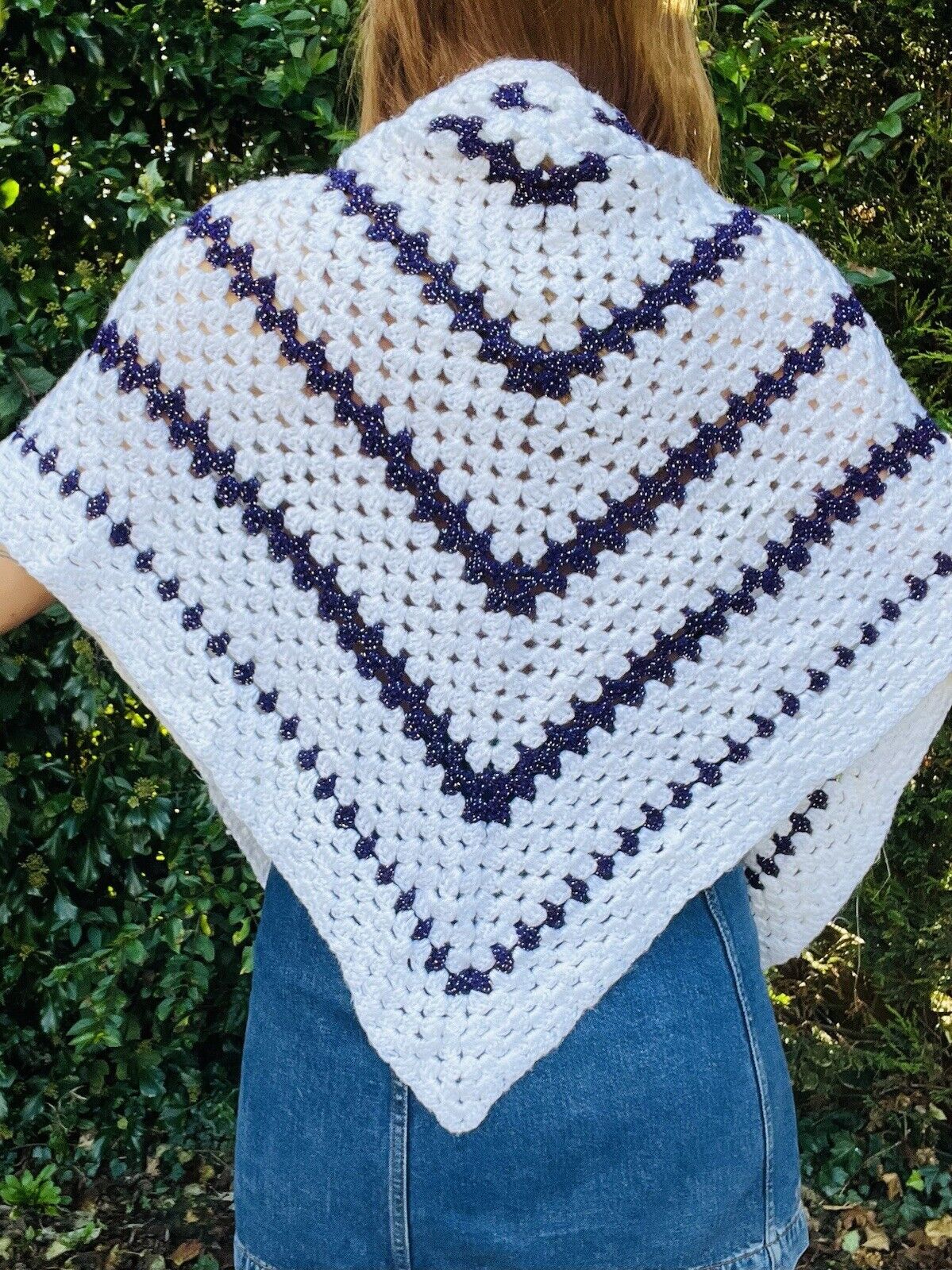 Vintage Boho Crochet Shawl Hippie Triangle Knit Wrap Cape Cottage Whimsy Scarf