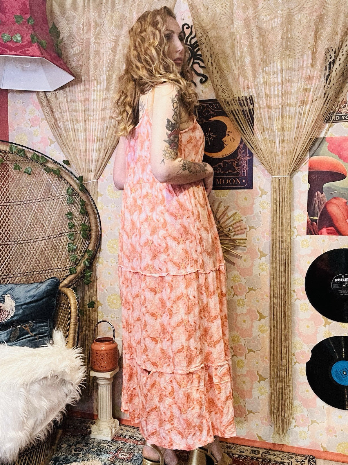 Boho Hippie Maxi Dress Strappy Paisley Long Summer Dress By Up2Fashion Peach M