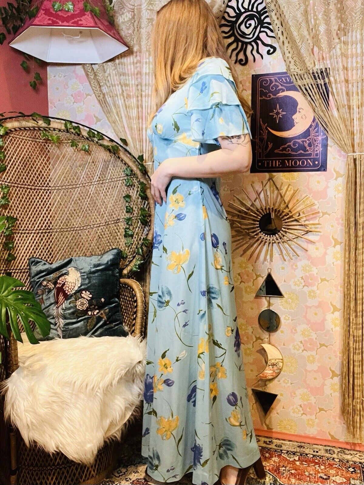 Vintage 1970s Maxi Dress Frilly Layered Sleeve Long Summer Floral Dress Blue 14