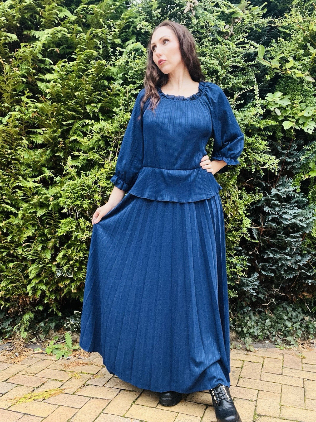 Vintage 1980s Peplum Dress Long Maxi Pleated Dress, Balloon Sleeves, 18-20