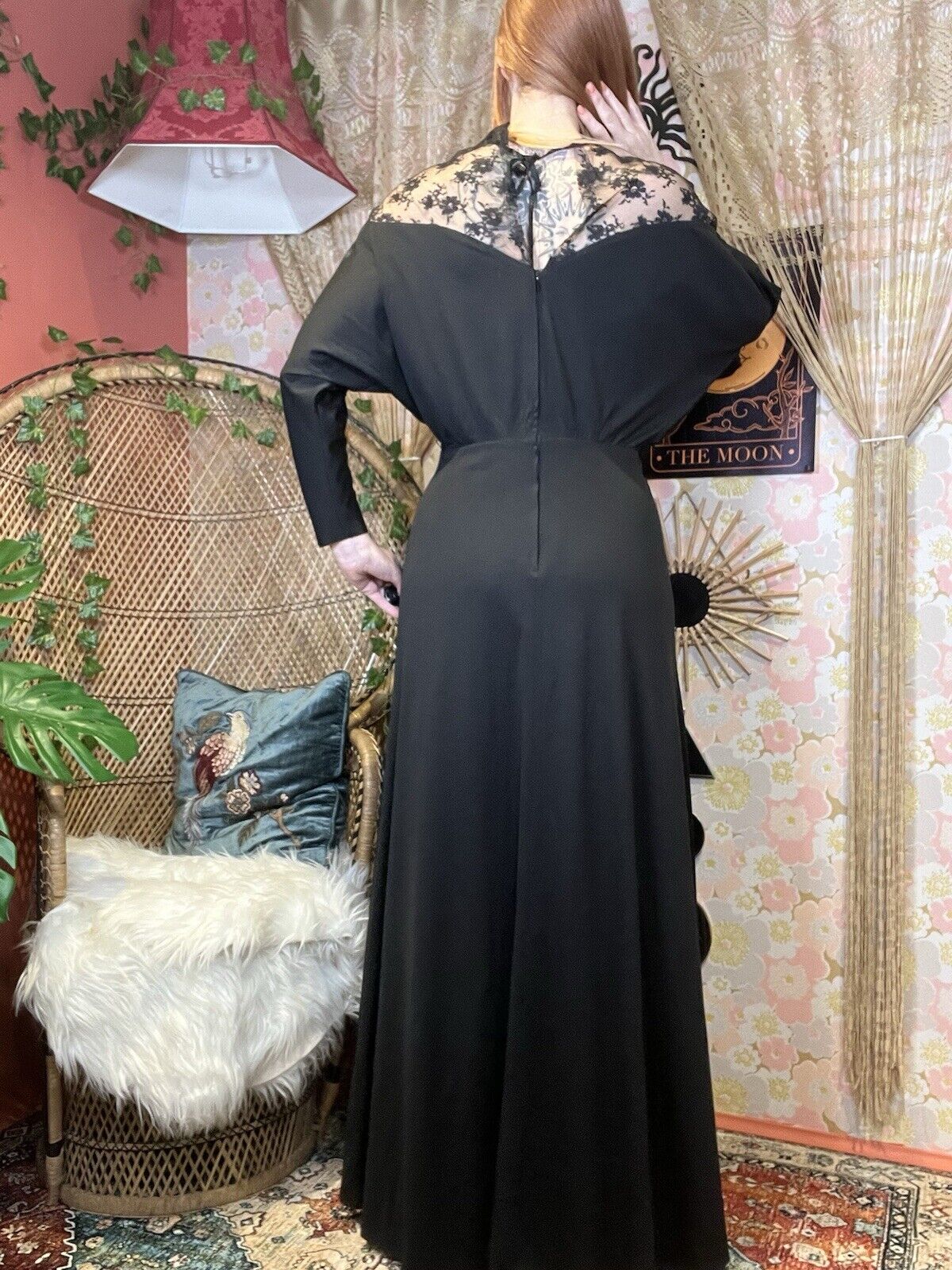 Vintage 1970s Maxi Dress Long Batwing Sleeves And Lace Detail Black Size 10