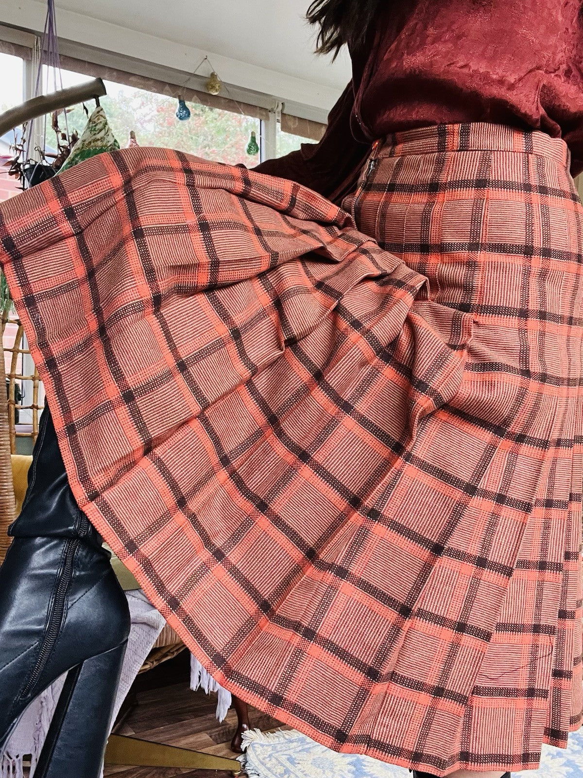 Vintahe 1980s Tartan Skirt, Pleated Plaid High Waist Midi Skirt, Orange Size 12