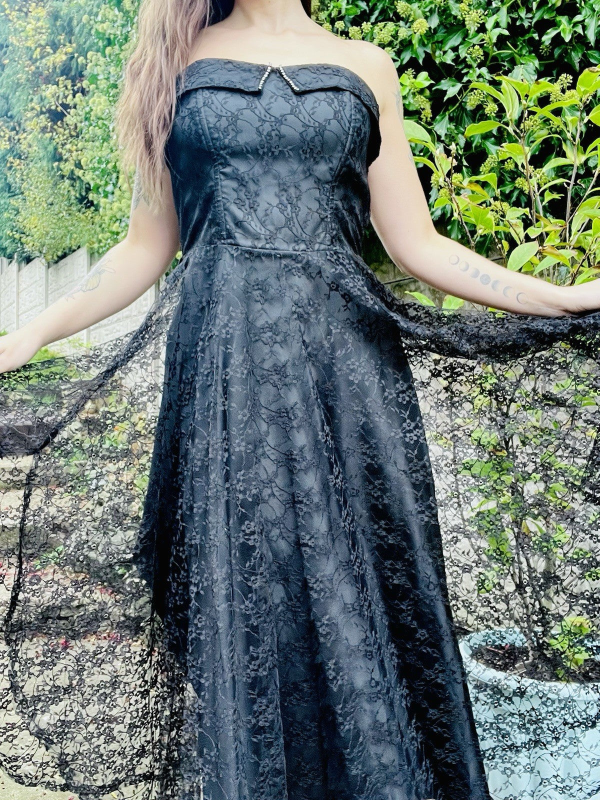 Vintage 1980s Party Dress Black Size 10 Strapless Layered Lace Whimsigoth