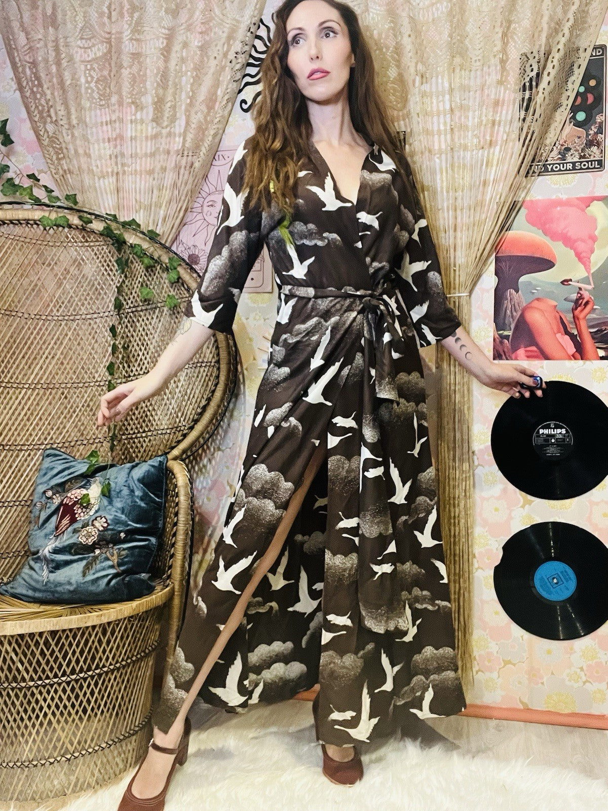 Vintage 1970s Maxi Dress Duster Retro Long Wrap Dress With Tie Belt Brown 10