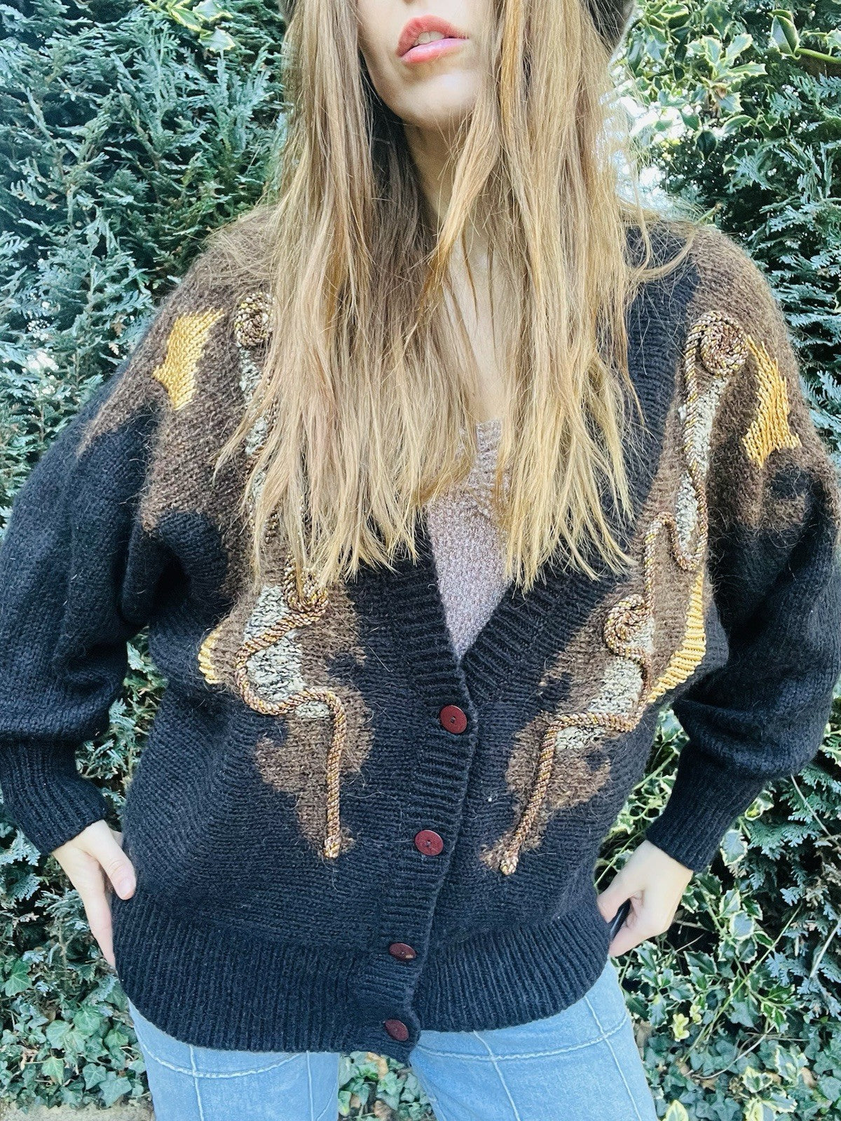Vintage 1980s Knit Cardigan, Batwing Sleeve Warm Wool Blend Knitted Jumper 14-16