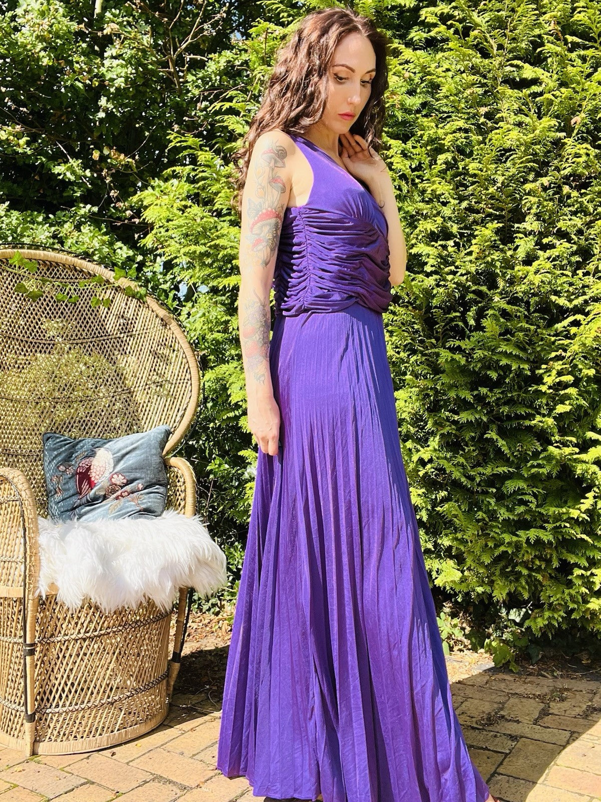 Laura Scott Evening Dress, Long Pleated Ball Gown With Rouched Waist - Purple 14