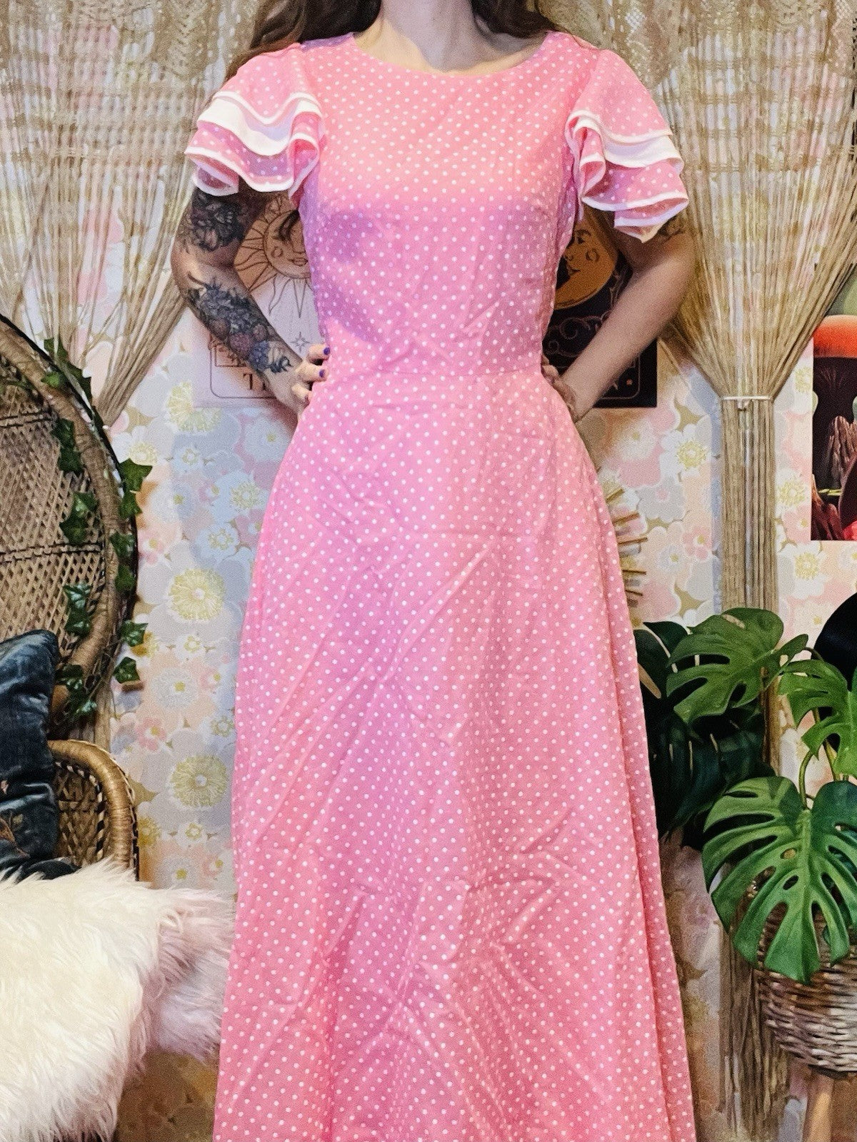 Vintage 1970s Maxi Dress Pink Polcadot Frilly Floaty Long Dress Size 14