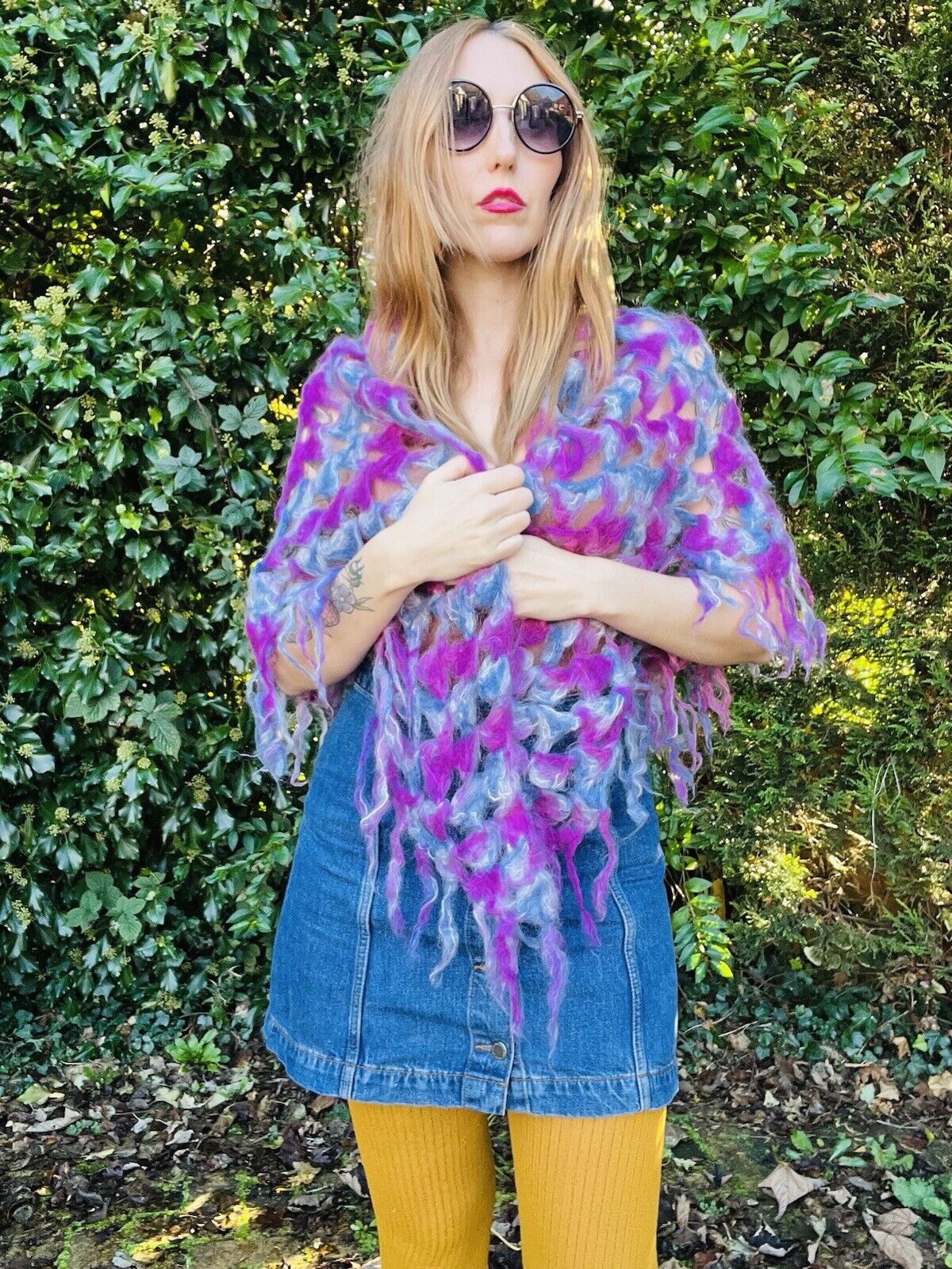 Vintage Boho Crochet Shawl Hippie Triangle Knit Wrap Cape Cottage Whimsy Scarf