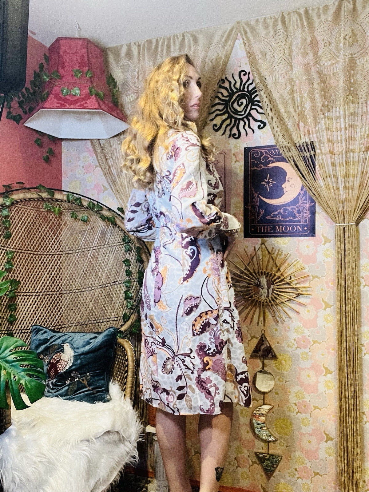 vintage 1960s psychedelic Dress Long Sleeve High Neck Retro Print Dress Size 12