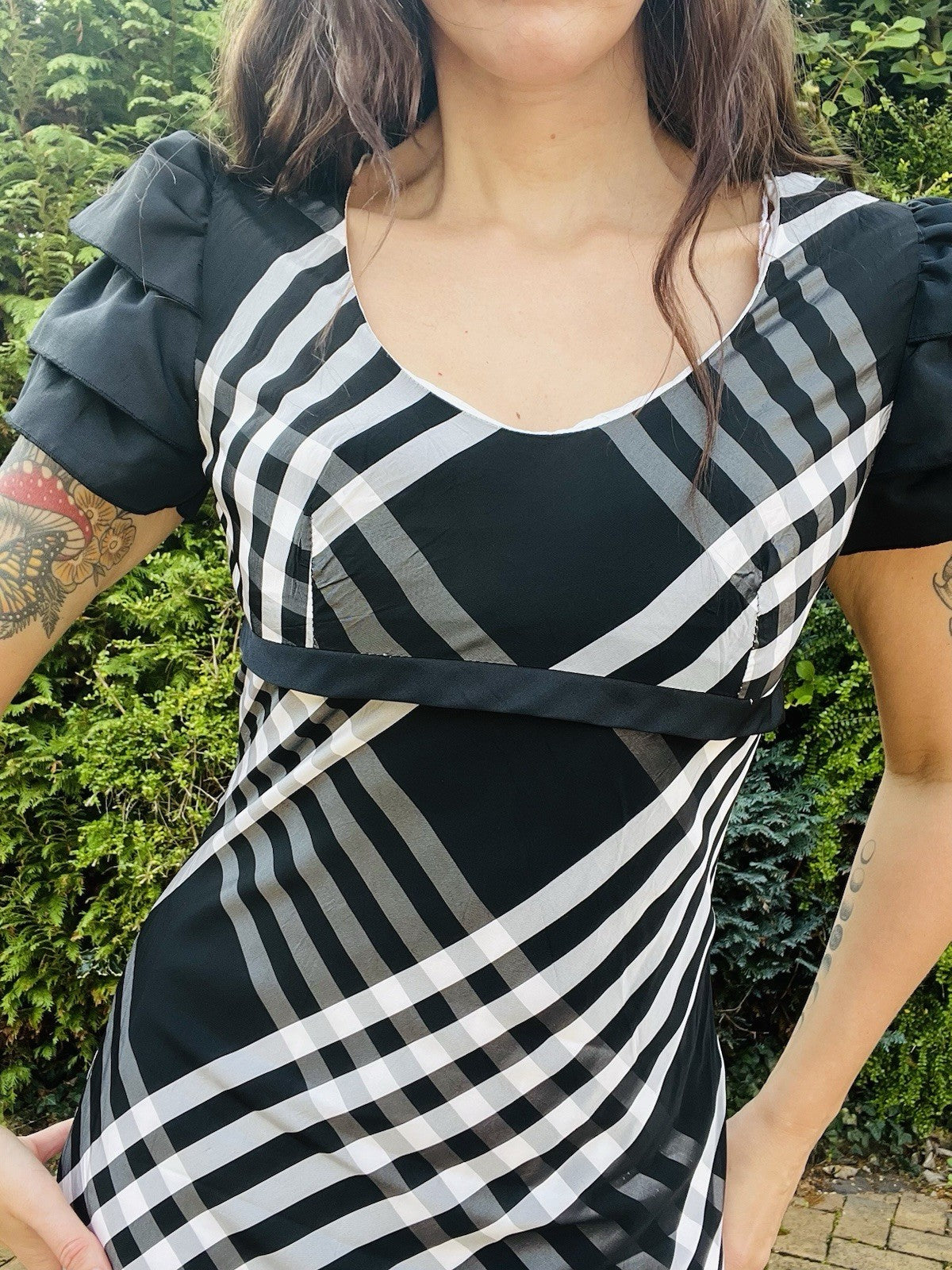 Vintage 1970s Long Dress, Empire Waist Tartan Plaid Frilly Maxi Dress Size 10-12