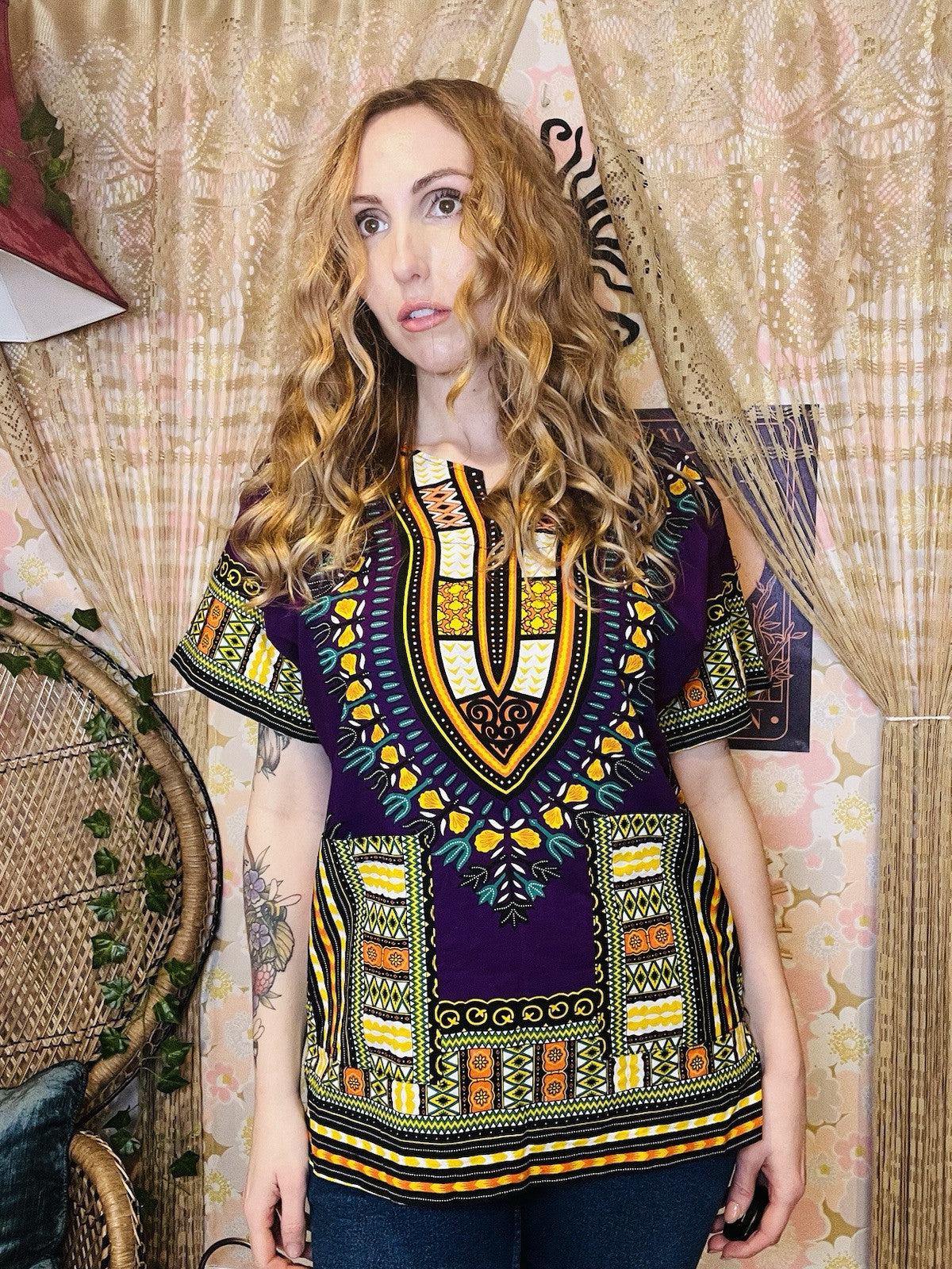 African Dashiki Boho Top 100% Cotton Summer T-shirt Blouse Abstract Print L