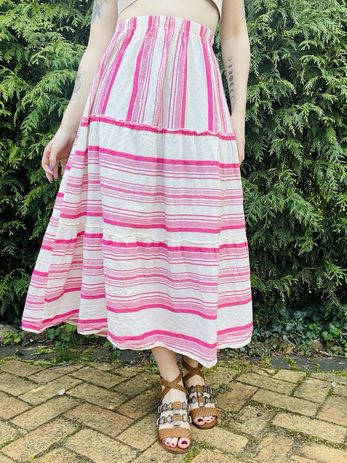 Hippie Boho Festival Skirt Layered Pink Striped Floaty Summer Midi Skirt Size S