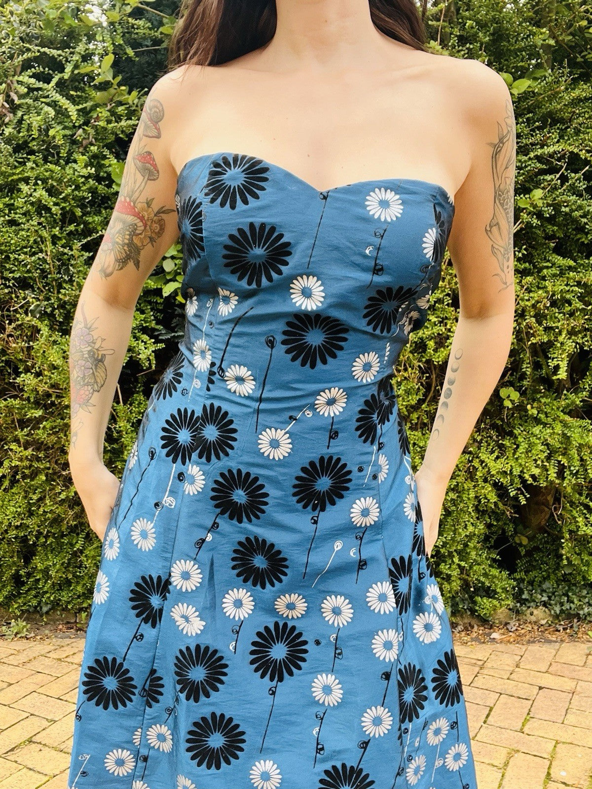 Vintage 1990s Cocktail Dress, Strapless A Line With Floral Daisy Print, Blue 16