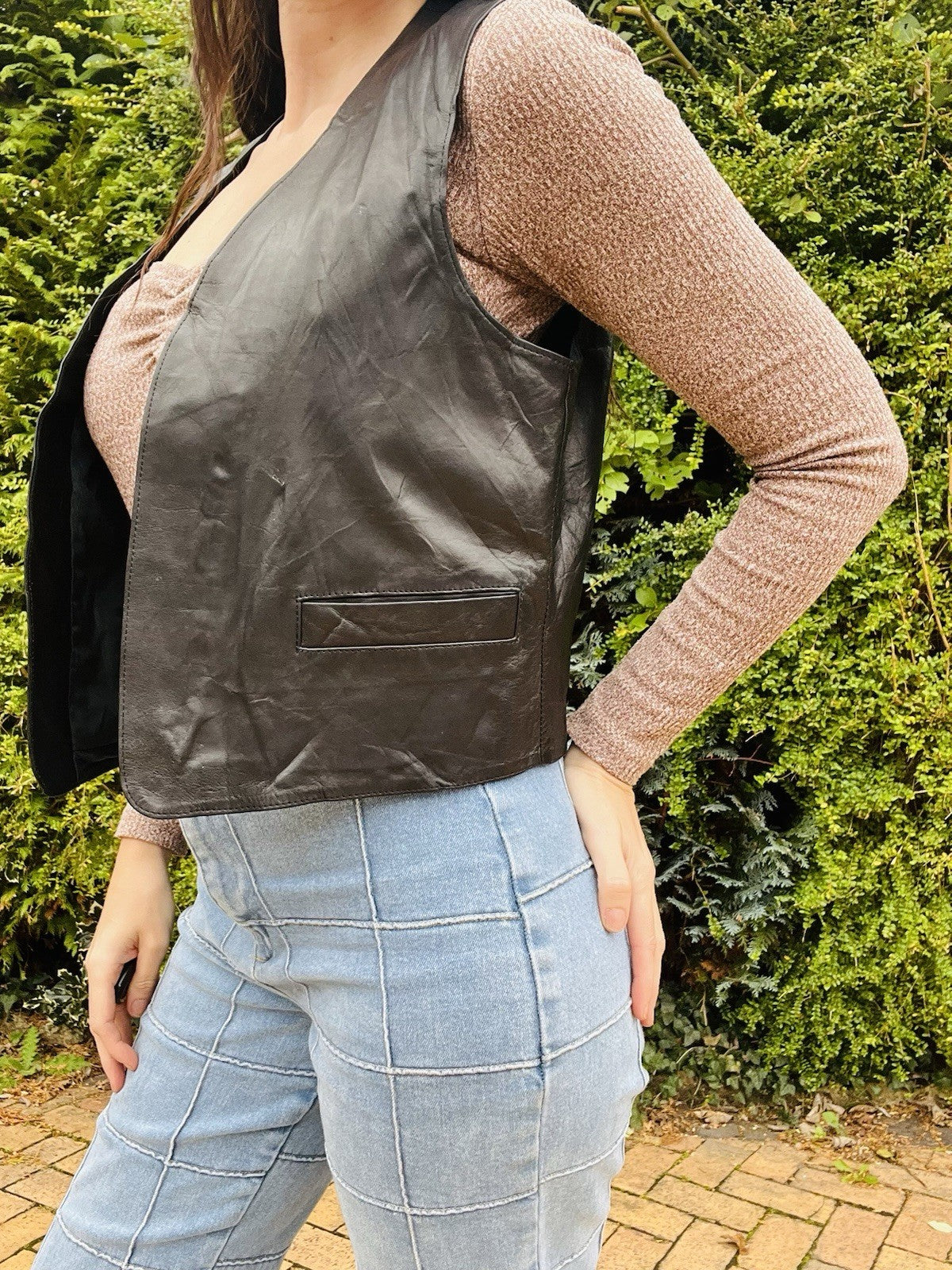 Vintage 1970s Leather Waistcoat, Cropped Sleeveless Jacket, Pockets, Black 10-12