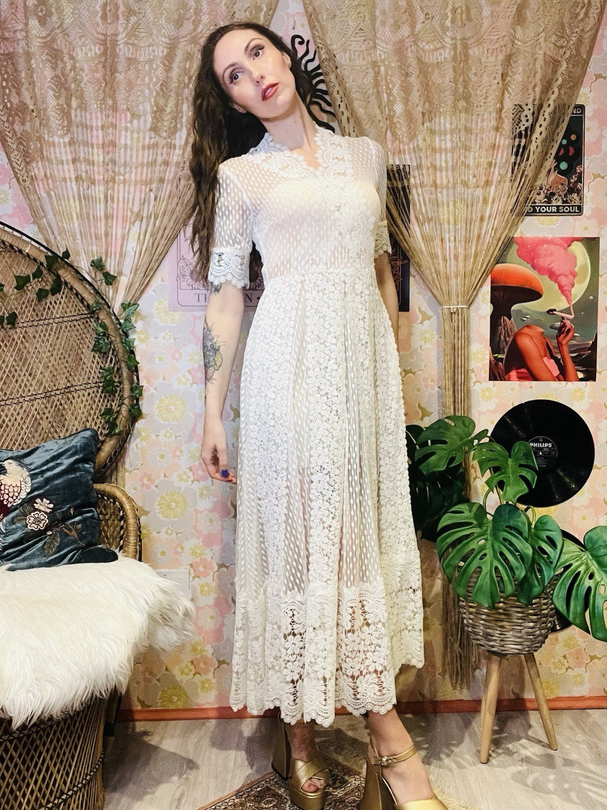 Designer Lace Sheer Dress By Maje Boho Bohemian Summer Festival V Neck 8-10