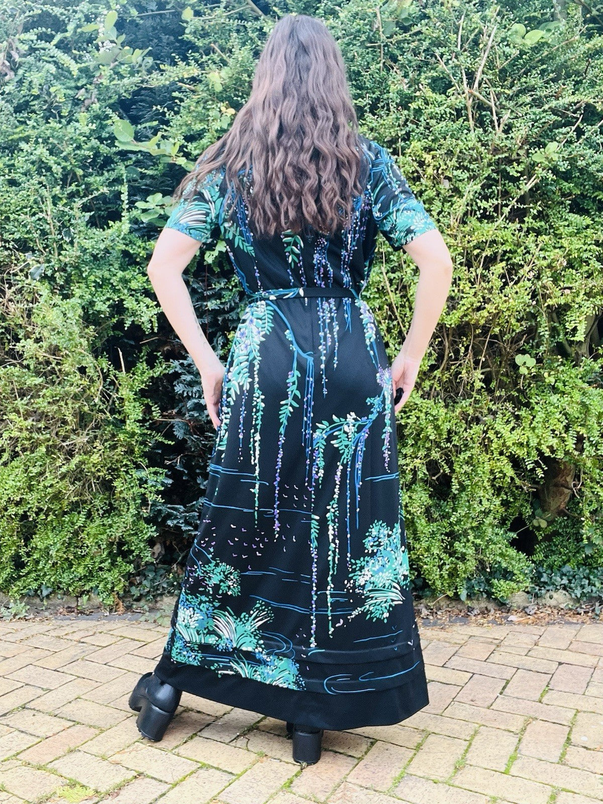 Vintage 1960s Maxi Dress, Long Floral Water Scene, Embellished Belt, Black 18-20