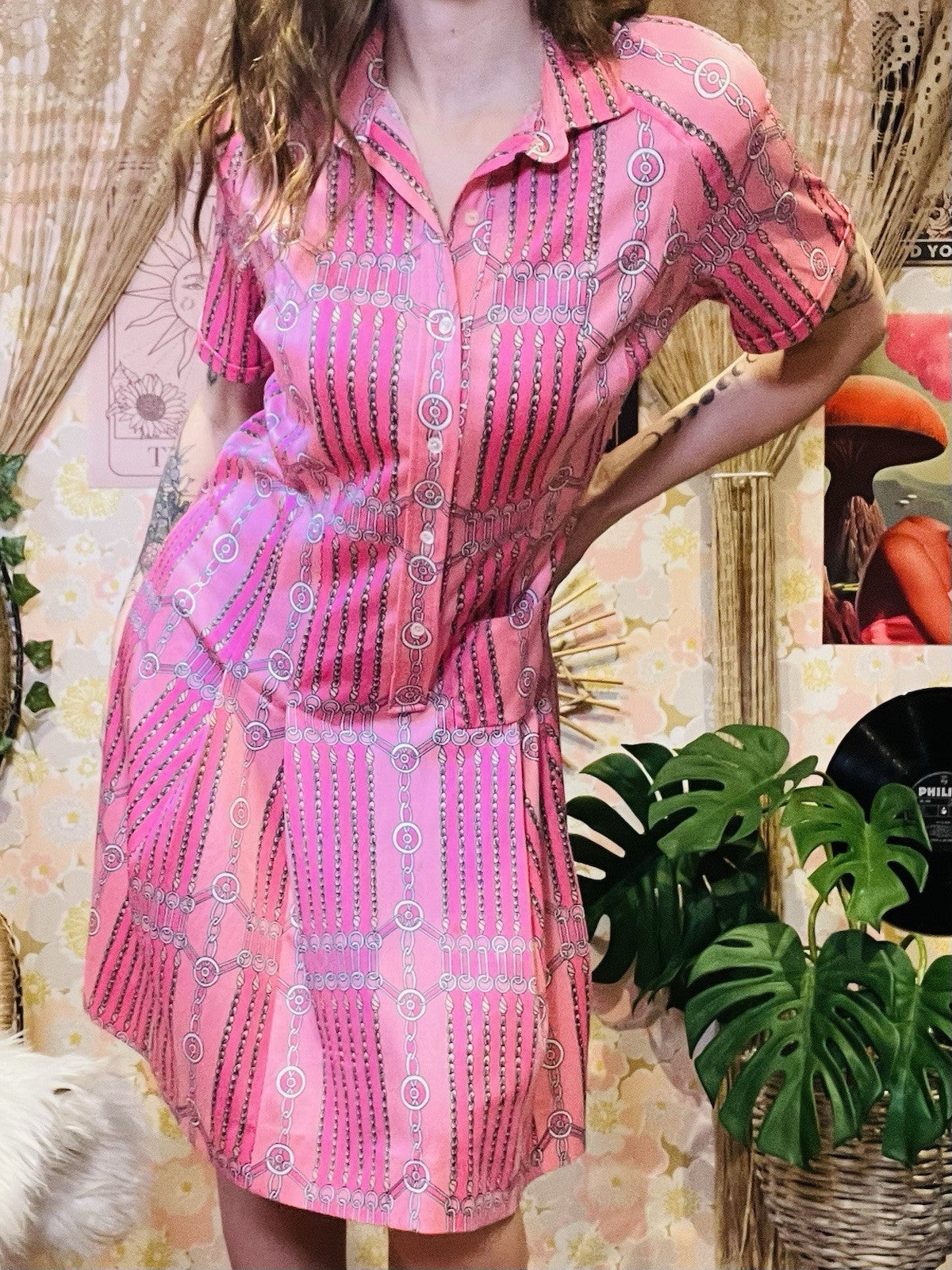 Vintage 1960s Shirt Dress Pleated With Buttons Short Sleeves Fun Retro Pink 14