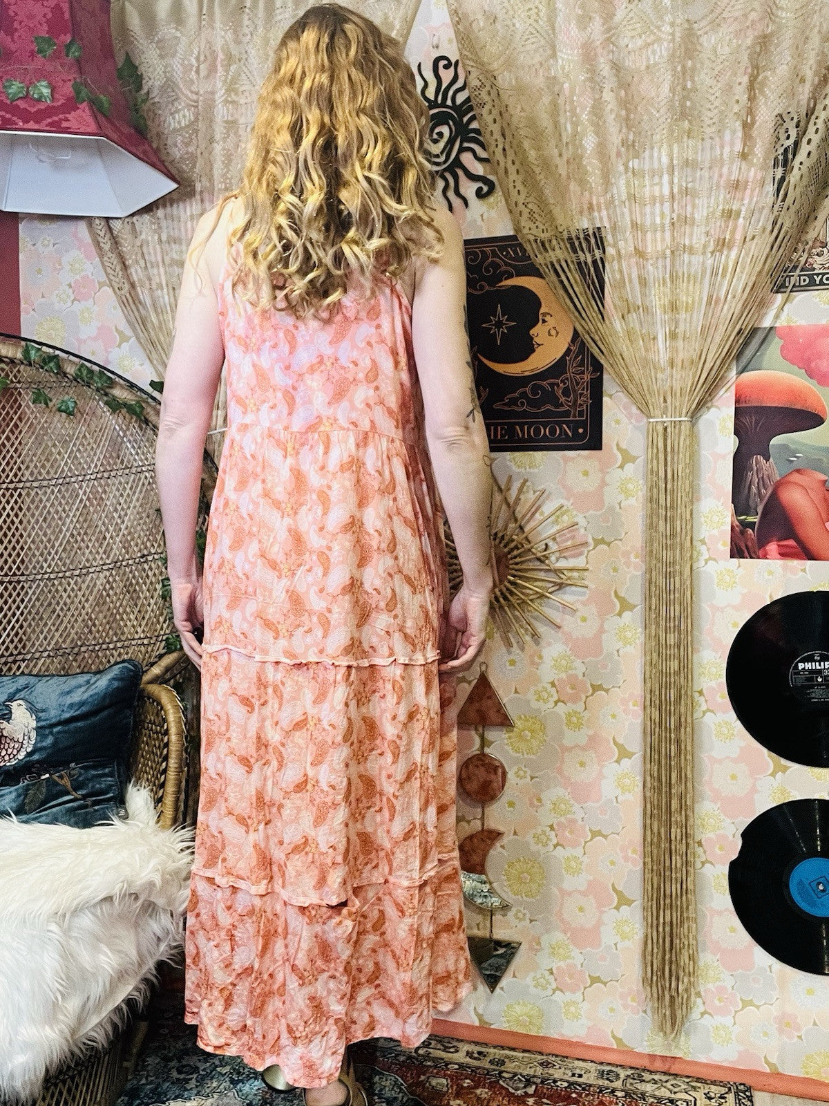 Boho Hippie Maxi Dress Strappy Paisley Long Summer Dress By Up2Fashion Peach M