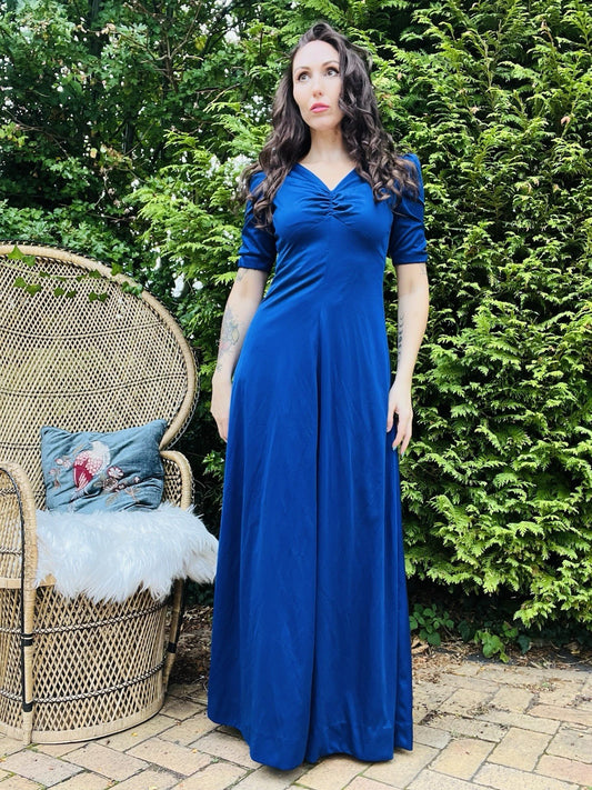 Vintage 1970s Maxi Dress, Short Sleeves Long Length Rouched Bust Dress - Blue 10