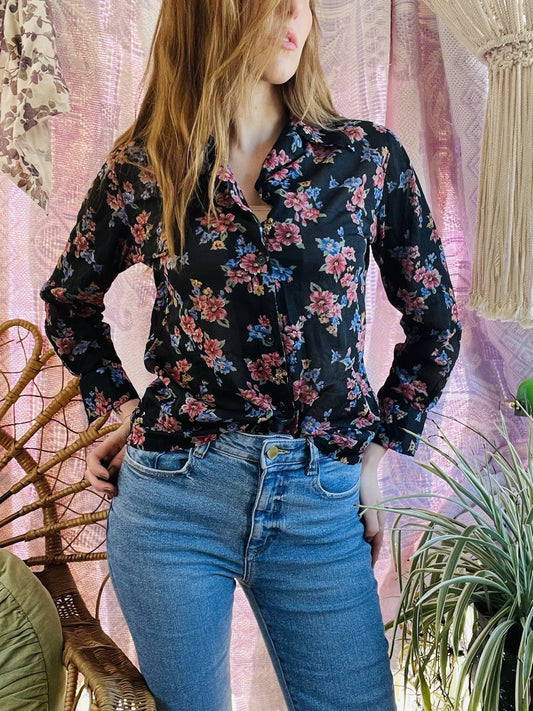 Vintage Blouse Bold Retro Print Collared Shirt Casual Or Formal Office Workwear