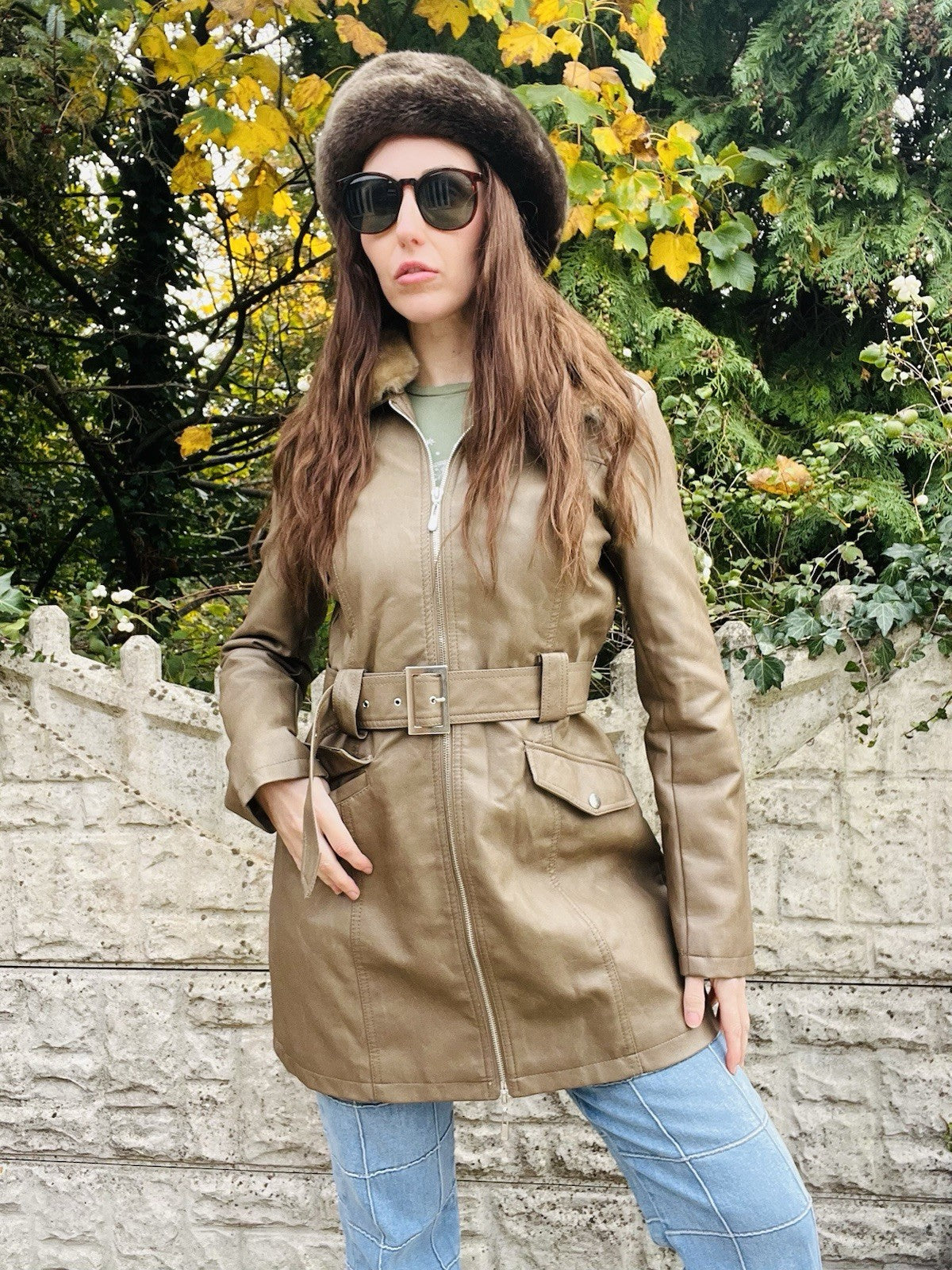 Faux Leather Winter Coat Size 10 Tan, With Fur Trim Collar And Belt, Warm Jacket