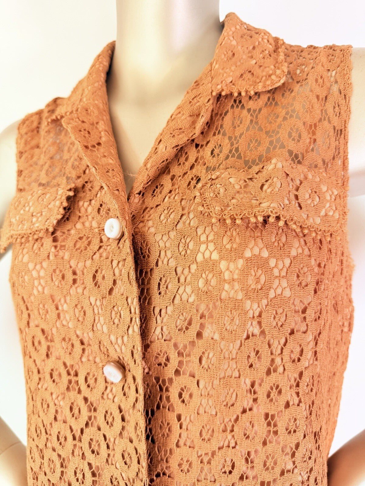 Vintage 1970s Shirt Dress Sleeveless Lace Lined Button Down Sheath Dress Size 8