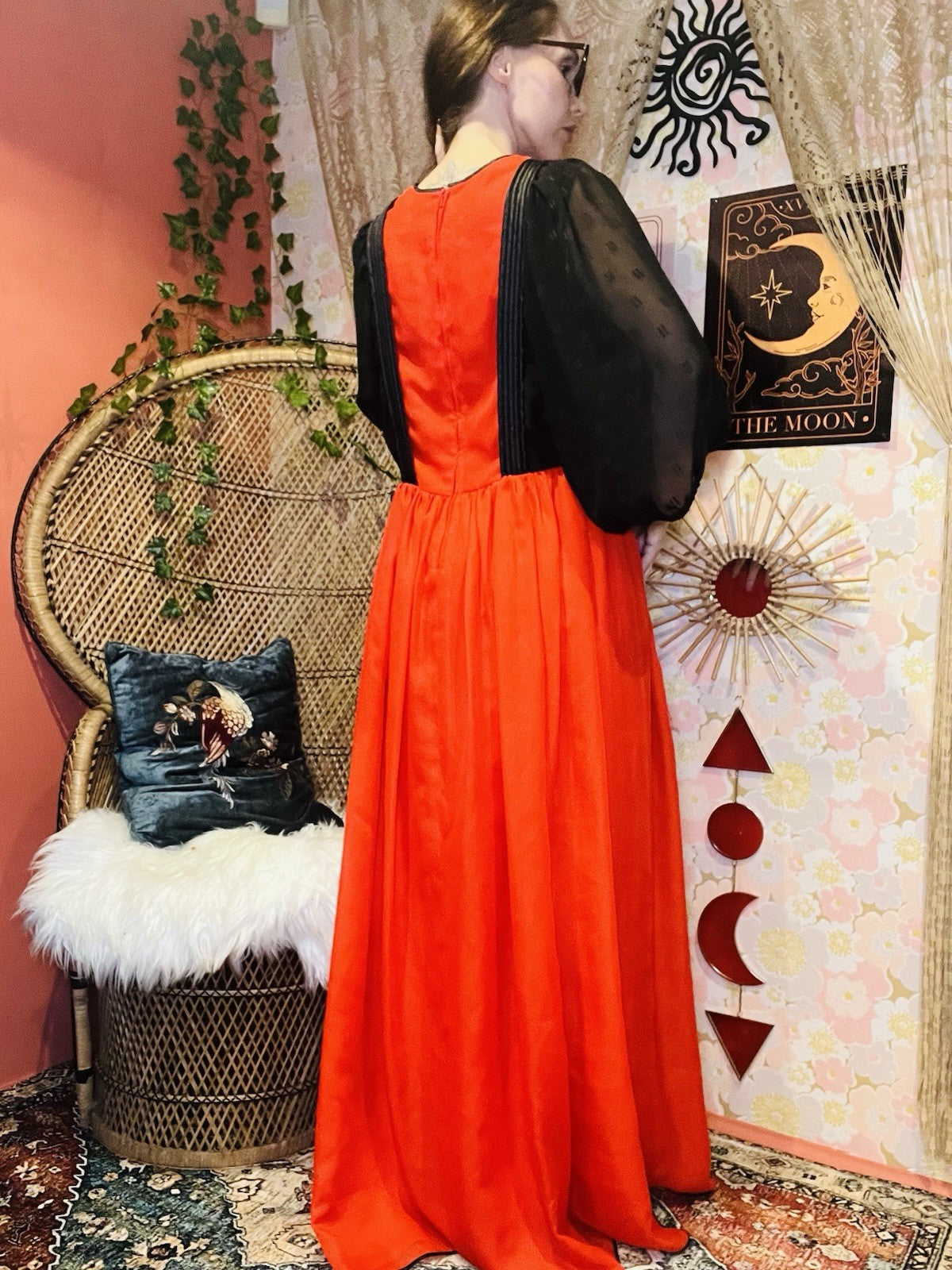 Vintage 1980s Maxi Dress Red Size 14 Long With Retro Batwing Sleeves