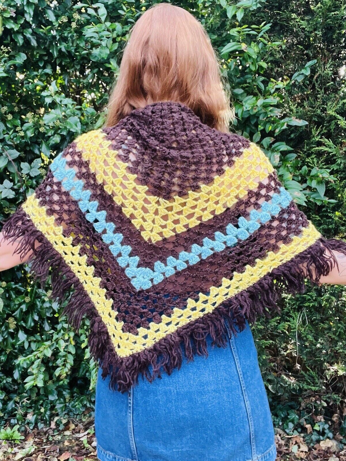 Vintage Knit Crochet Shawl Hippie Boho Triangle Wrap Cape Cottage Whimsy Scarf