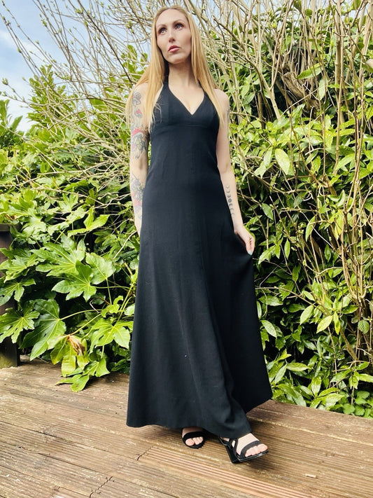 Vintage 1970s Maxi Dress Halterneck Low Back Long Dress By Janick Black Size 8