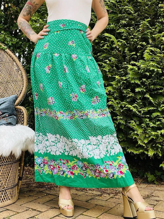 Vintage 1960s Long Skirt High Waist Retro Floral Print Green Maxi Skirt Size 10