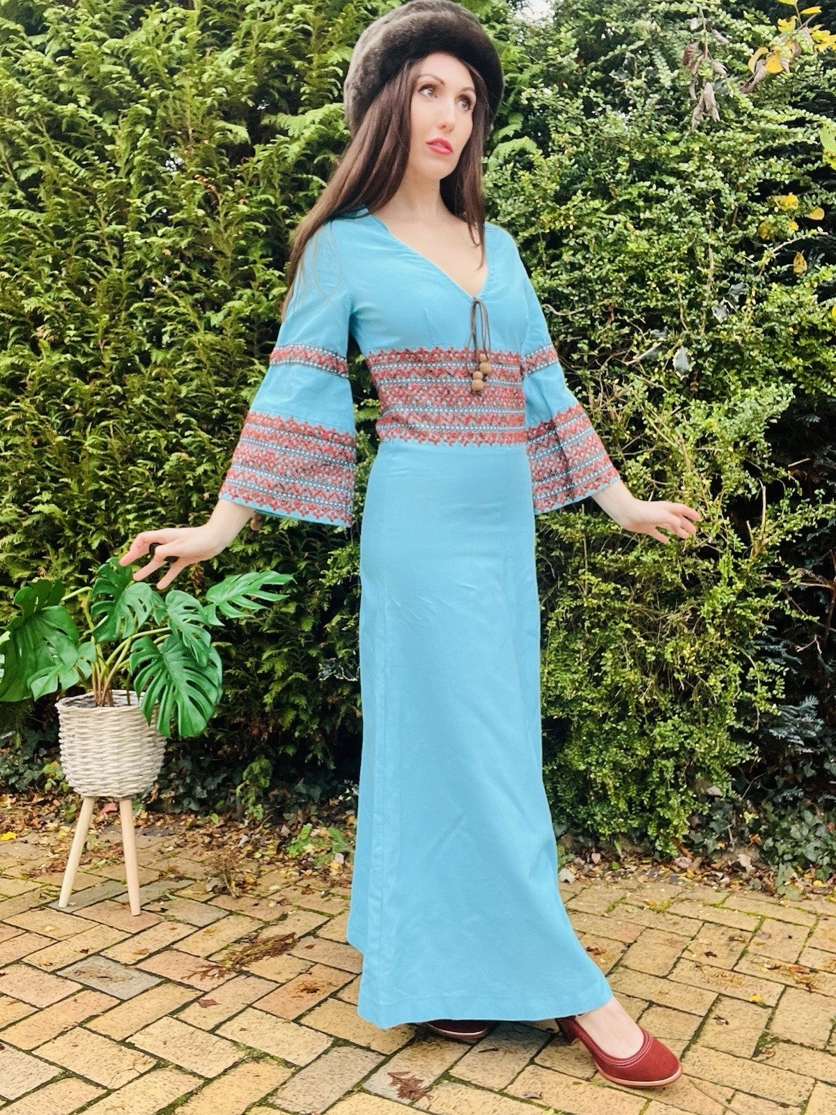 Vintage 1970s Maxi Dress By Arola Blue 70s Bell Sleeves Hippie Boho Folk Dress