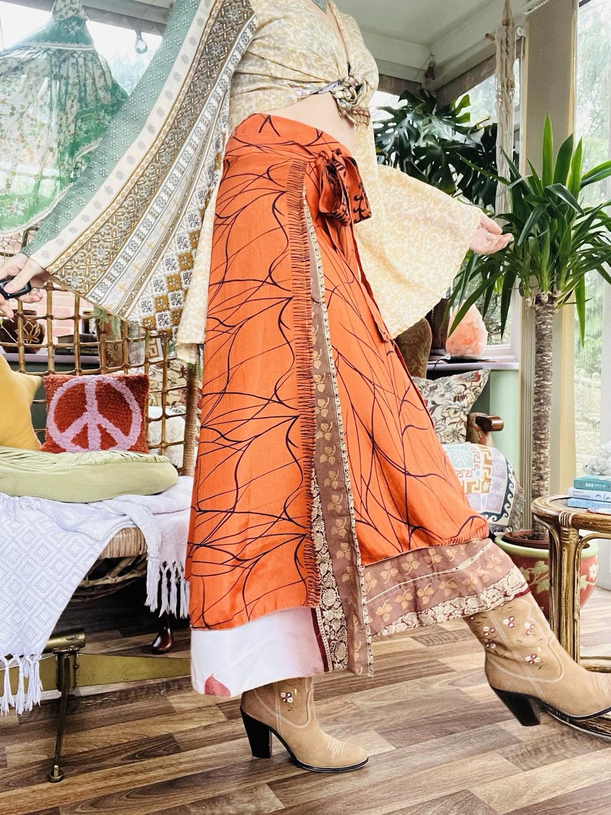 Layered Hippie Maxi Skirt Vintage Sari Silk Hippie Boho Long Gypsy Wrap Skirt