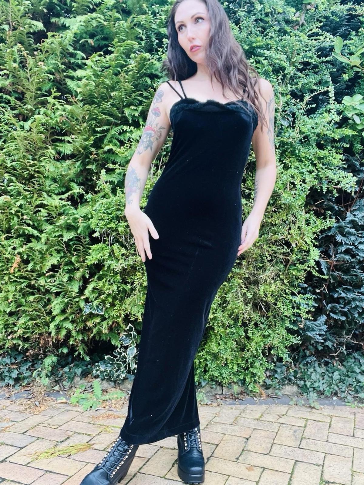 Vintage 1990s Velvet Dress With Fluffy Trim Pencil Wiggle Dress By El-KA 10