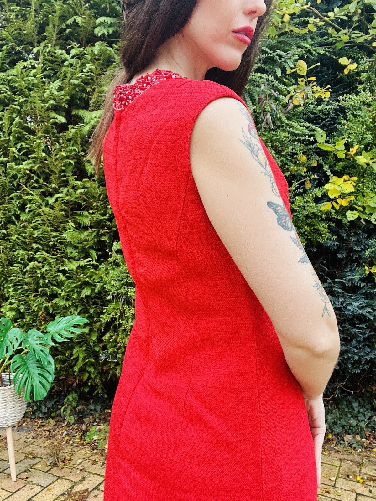 Vintage 1970s Maxi Dress Beaded Embellished Long Retro 70s Dress Red Size 14