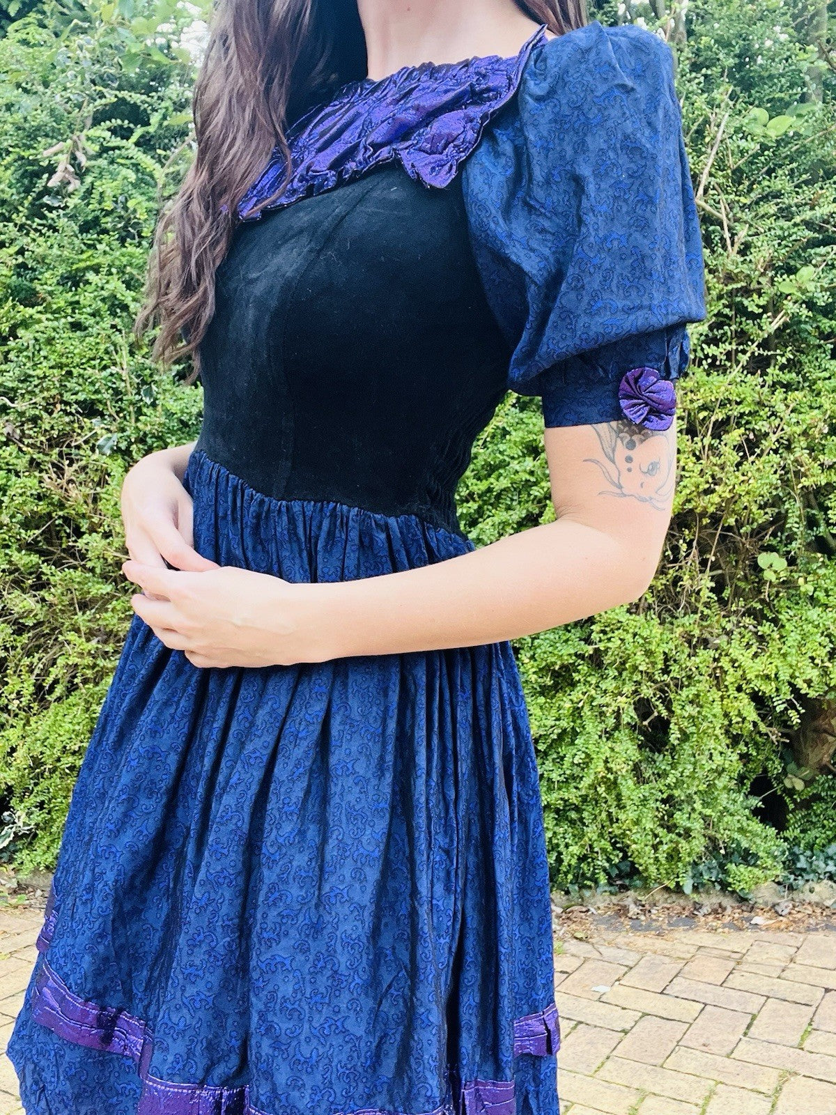 Vintage 1990s Frilly Dress, Velvet Bodice Cotton Skirts Puff Sleeves, Purple 6-8