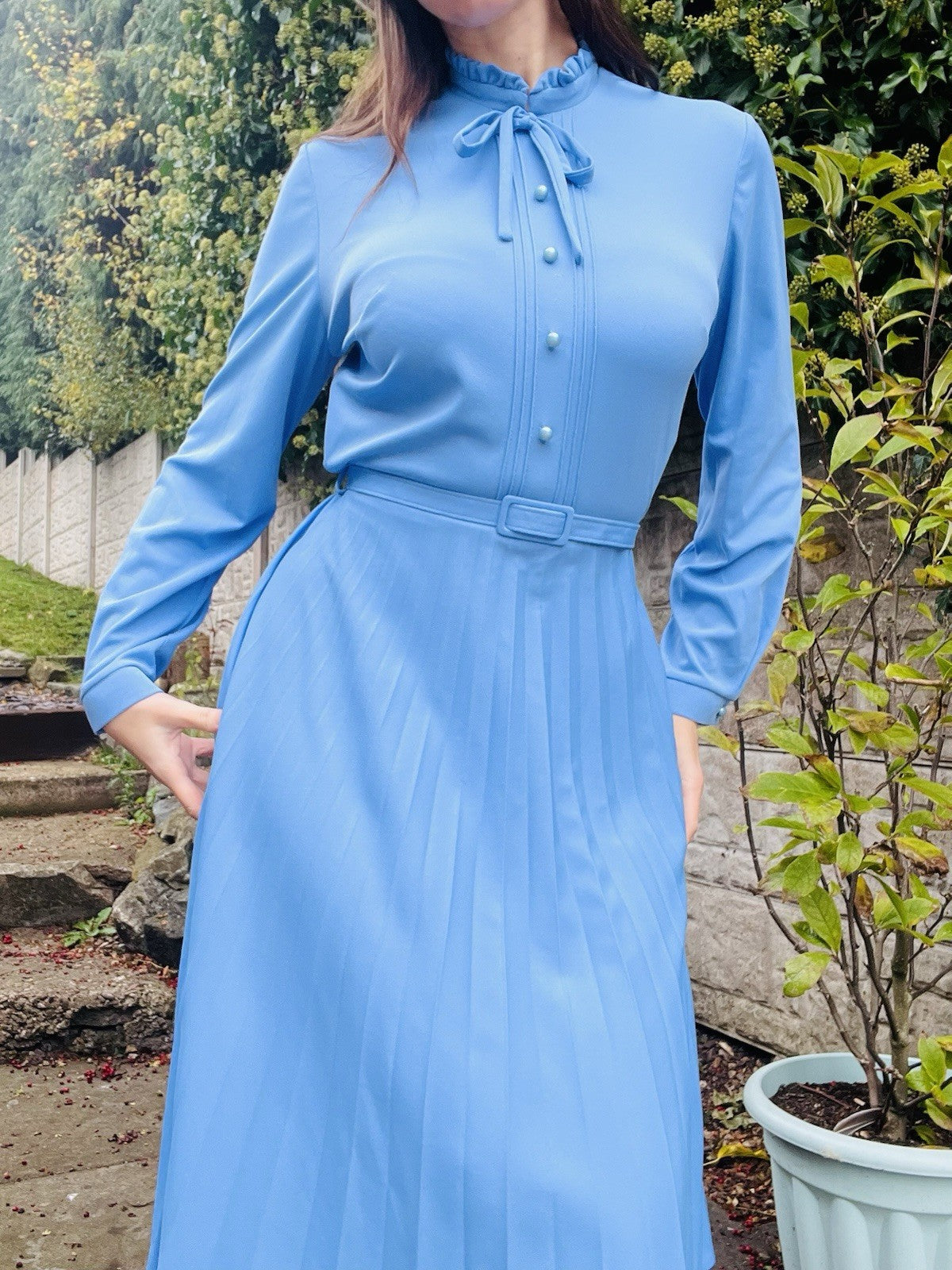Vintage 80s Tea Dress And Waistcoat Two Piece Set Blue Size 16 Pleated Design