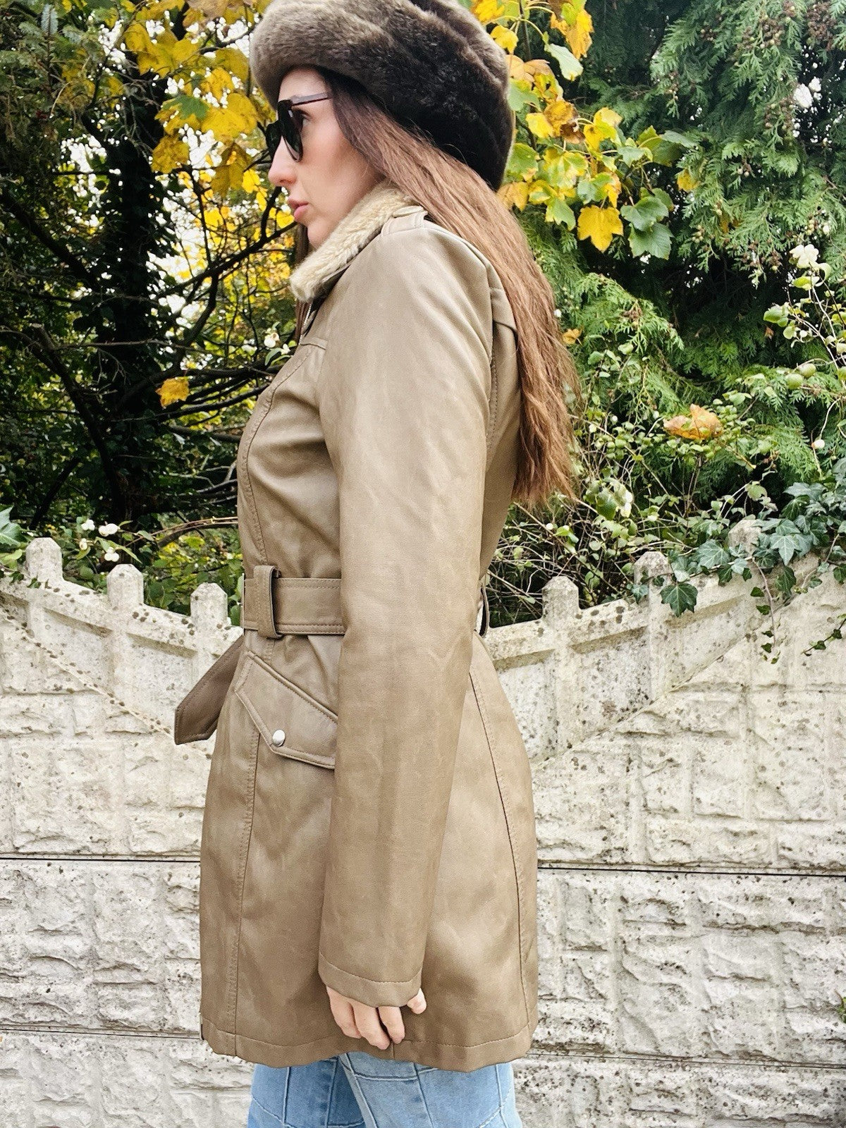 Faux Leather Winter Coat Size 10 Tan, With Fur Trim Collar And Belt, Warm Jacket