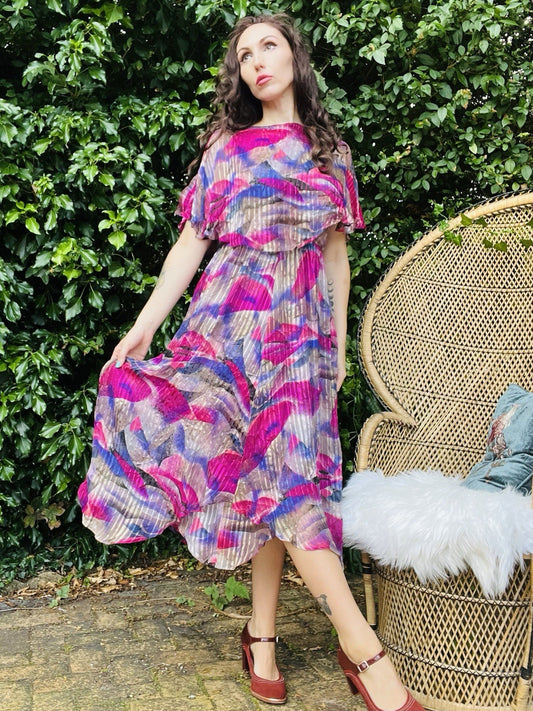 Vintage 1980s Floaty Dress With Cape Sleeves Bold Retro Pink And Purple Sheer 12