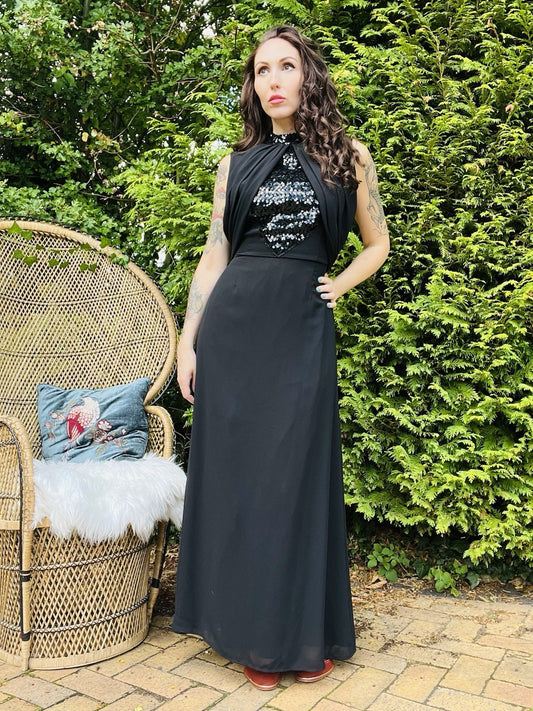 Vintage 1990s Cocktail Dress Long Cinched Waist With High Neck Sequins Black 14