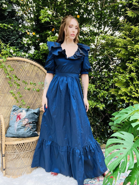 Vintage 1990s Prom Dress Vera Mont Dark Blue Ball Gown With Puff Sleeves Size 10