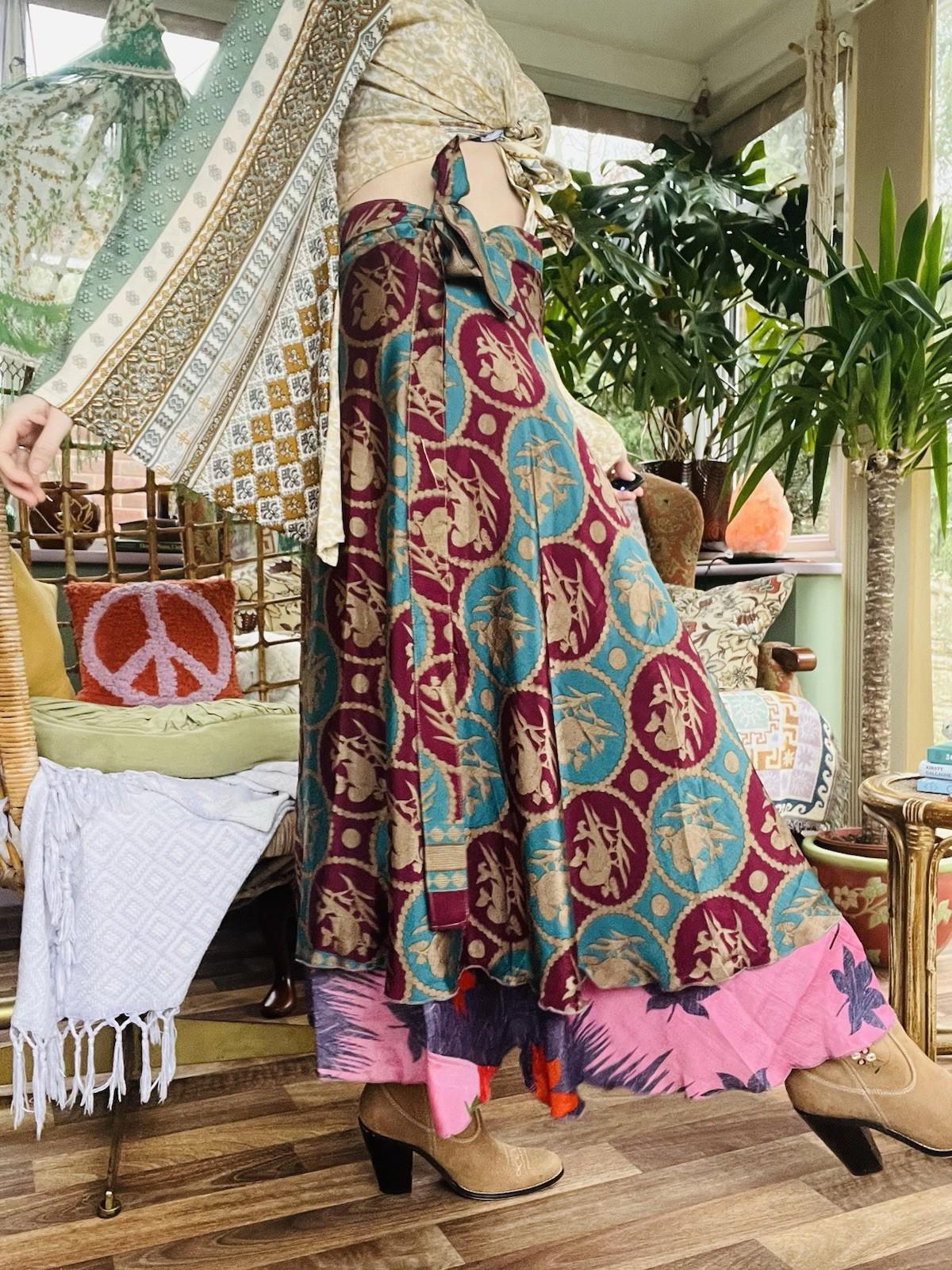 Layered Hippie Maxi Skirt Vintage Sari Silk Hippie Boho Long Gypsy Wrap Skirt