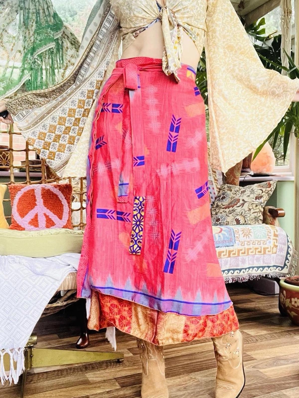 Layered Hippie Maxi Skirt Vintage Sari Silk Hippie Boho Long Gypsy Wrap Skirt