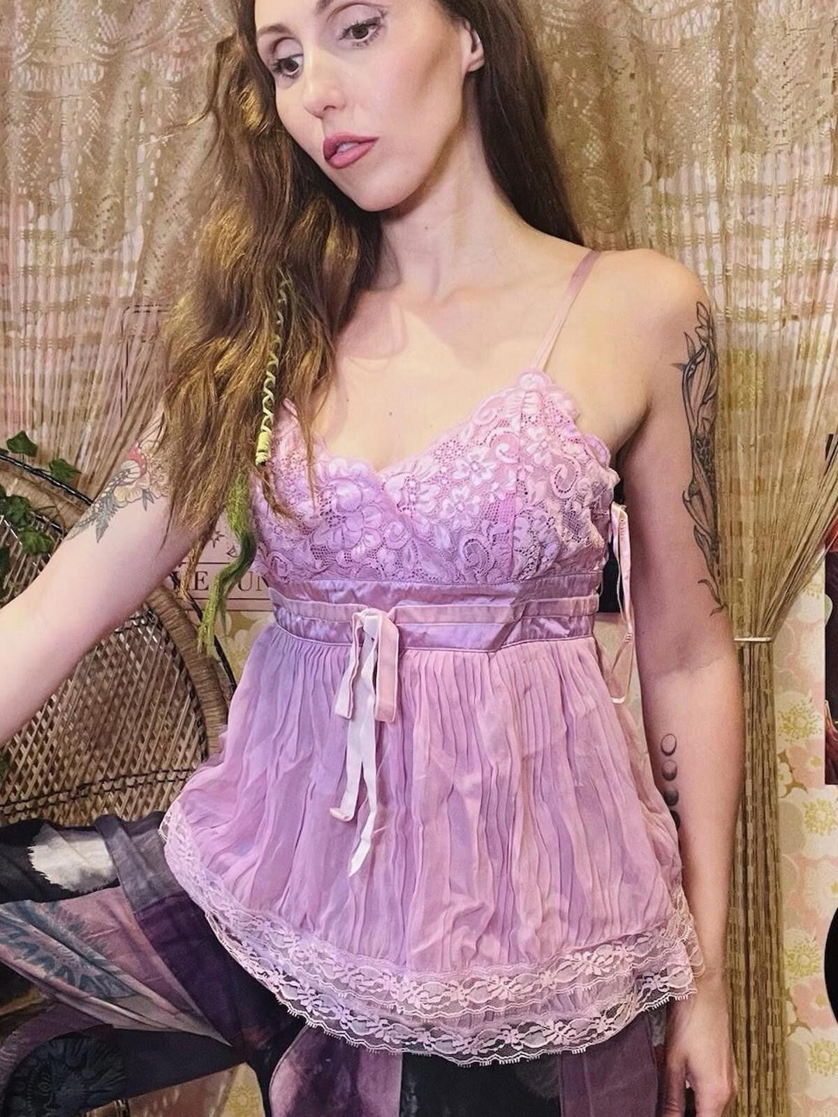 Vintage Y2K Cami Top Oasis 100% Silk Coquette Frilly Lace Summer Festival 10 12