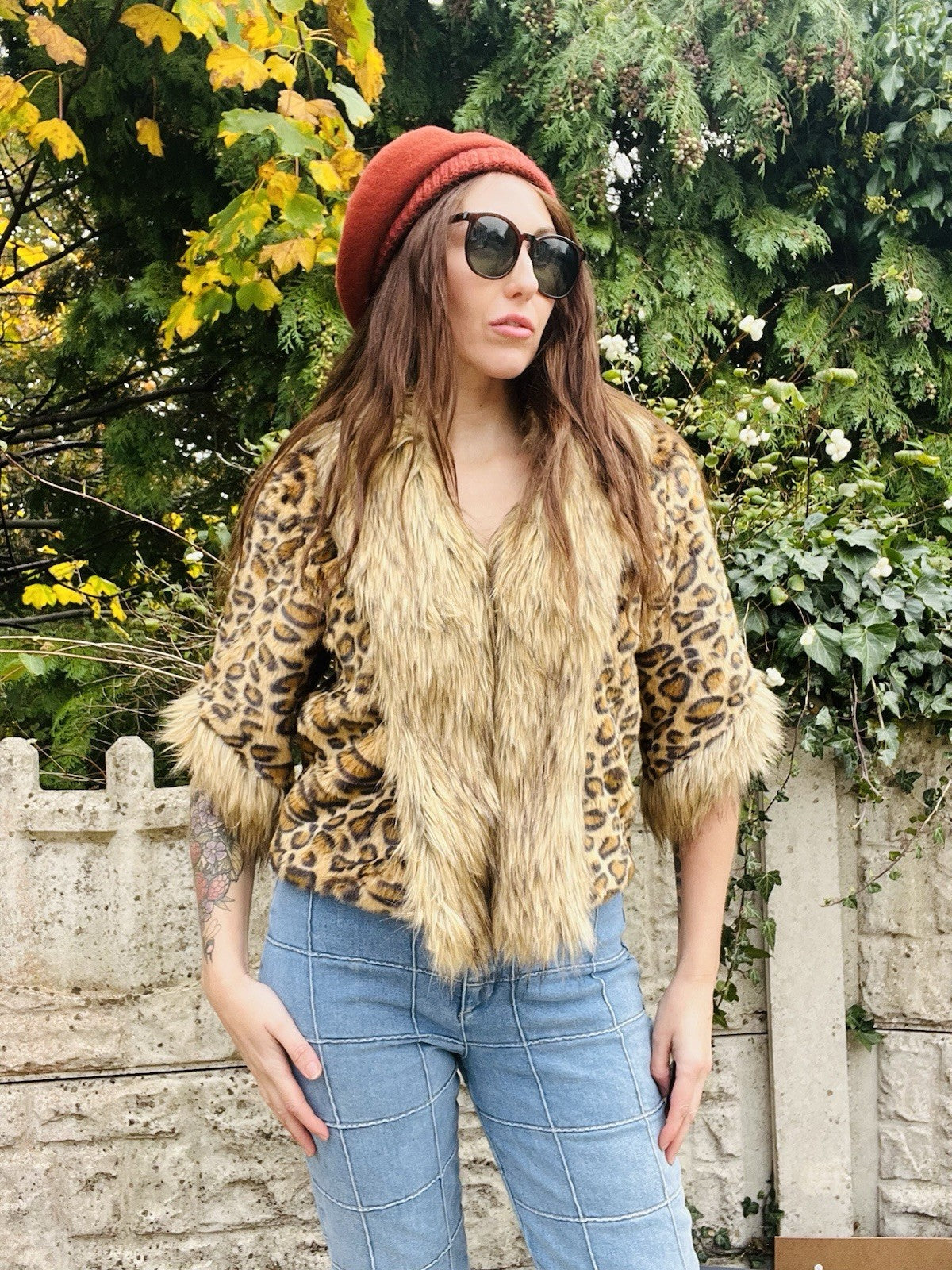 Y2K Faux Fur Coat Vintage Leopard Print Jacket 3/4 Sleeves Size 10-12 Aeromiss